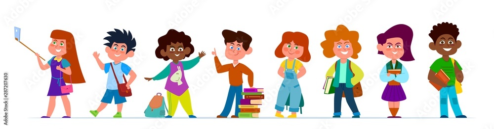 School children. Multiethnic boys and girls in casual clothes. Kids with backpacks and books in school time, vector cartoon characters School children. Multiethnic boys and girls in casual clothes. Kids with backpacks and books in school time, vector cartoon characters
