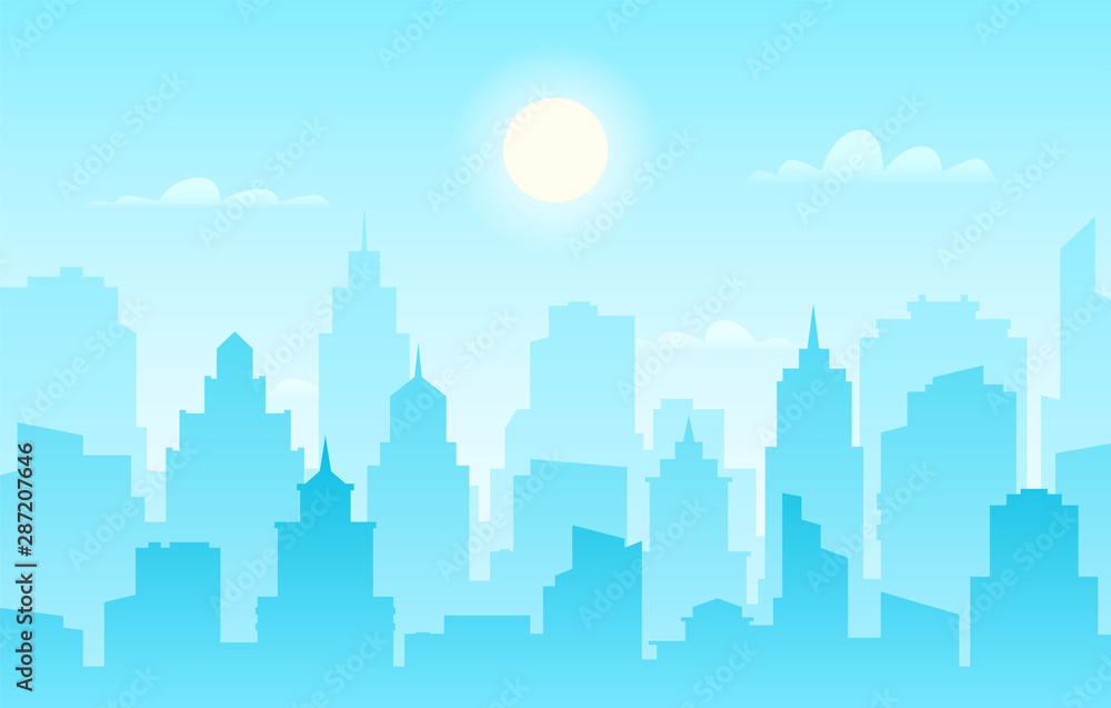 Flat cityscape. Modern city skyline, daytime panoramic urban landscape with silhouette buildings and skyscraper towers vector banner