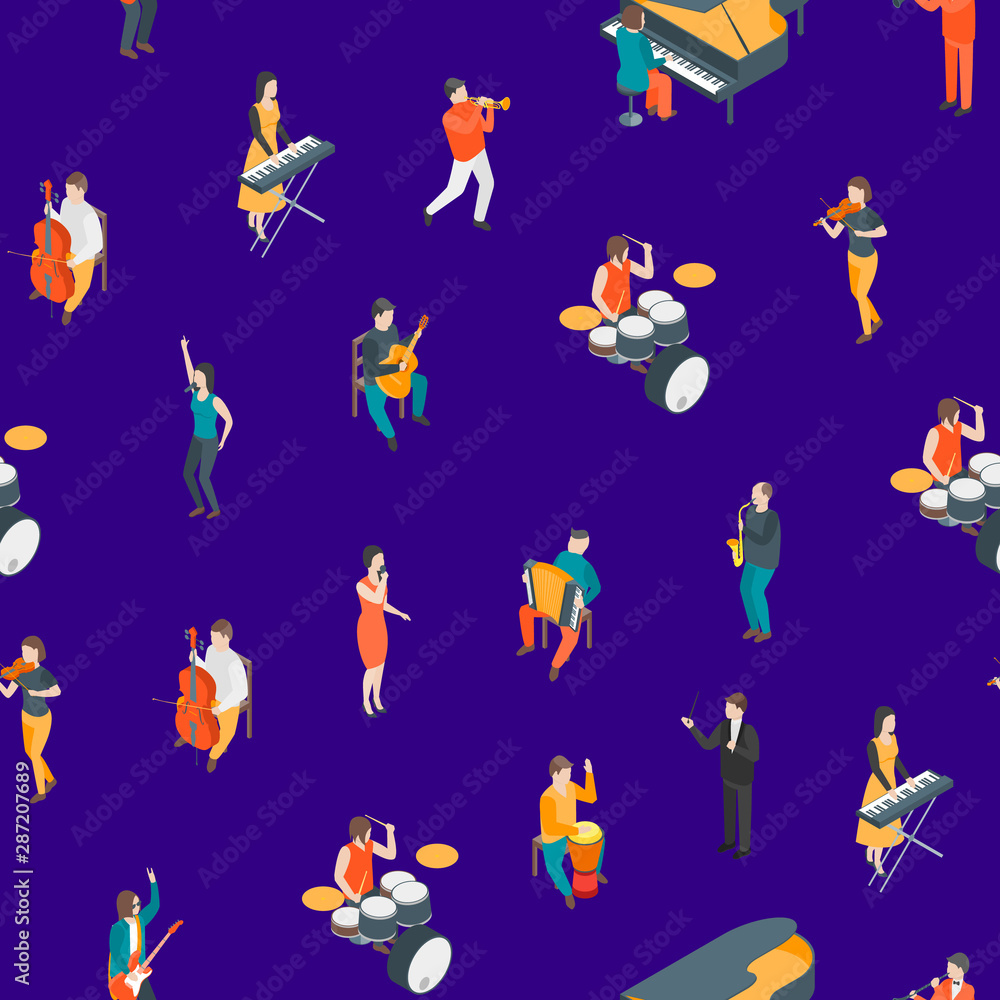 Characters Different Musicians People Seamless Pattern Background 3d Isometric View. Vector