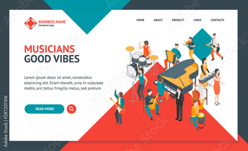 Characters Different Musicians People Landing Web Page Template 3d Isometric View. Vector