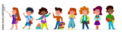 School children. Multiethnic boys and girls in casual clothes. Kids with backpacks and books in school time, vector cartoon characters