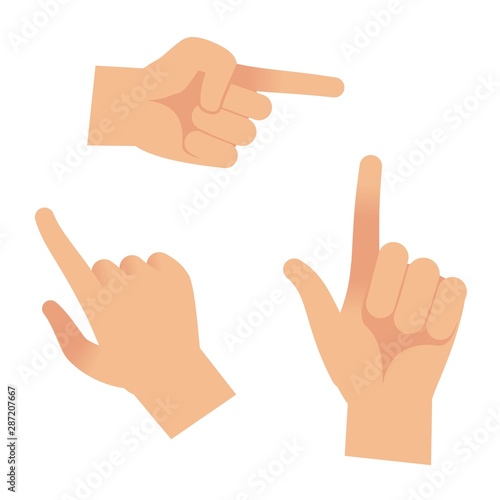 Hand in forefinger icons. Holding pointing hands drawing gesture to object isolated vector outline set
