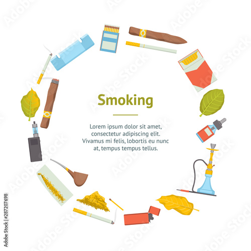 Cartoon Color Smoking Tobacco Products Banner Card Circle . Vector