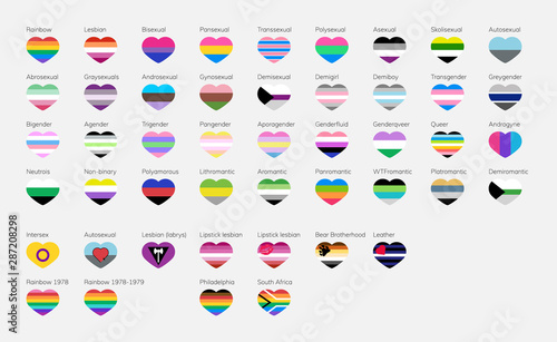 LGBT characters in the apartment. List of pride flags. Rainbow flag. Heart shaped sticker icons.