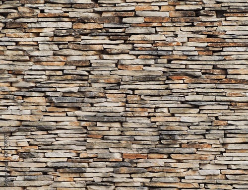 Dry stone wall made of thin horizontal rocks. Colors are shades of brown and gray. Background and texture
