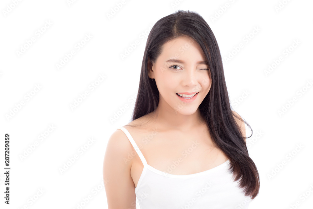 Portrait of beautiful asian woman makeup of cosmetic, girl smile attractive, face of beauty perfect with wellness isolated on white background with skin healthcare concept. Portrait of beautiful asian woman makeup of cosmetic, girl smile attractive, face of beauty perfect with wellness isolated on white background with skin healthcare concept.