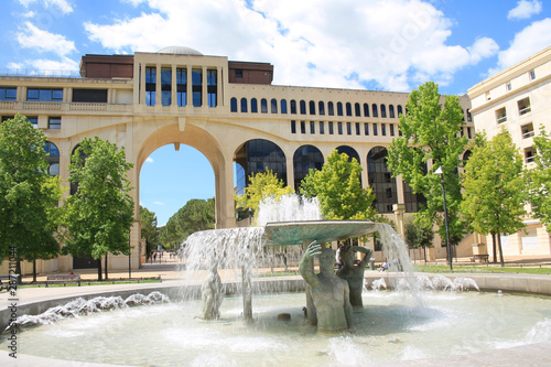 Thessalie square and its amazing fountain in Antigone district, Montpellier, France