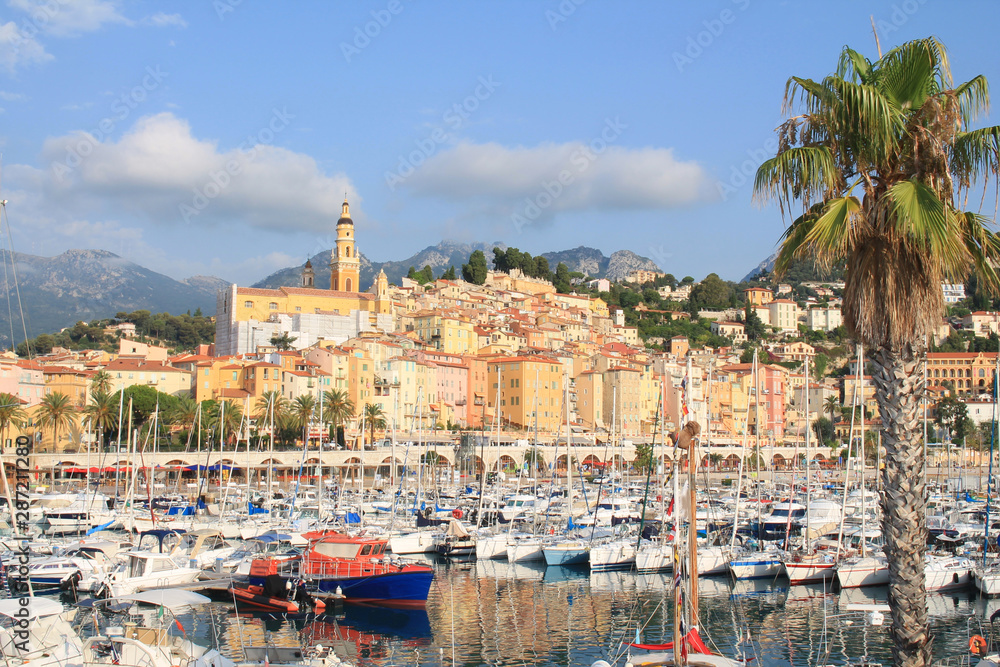 Marina and The old town of menton with its beautiful colorful facades, France
