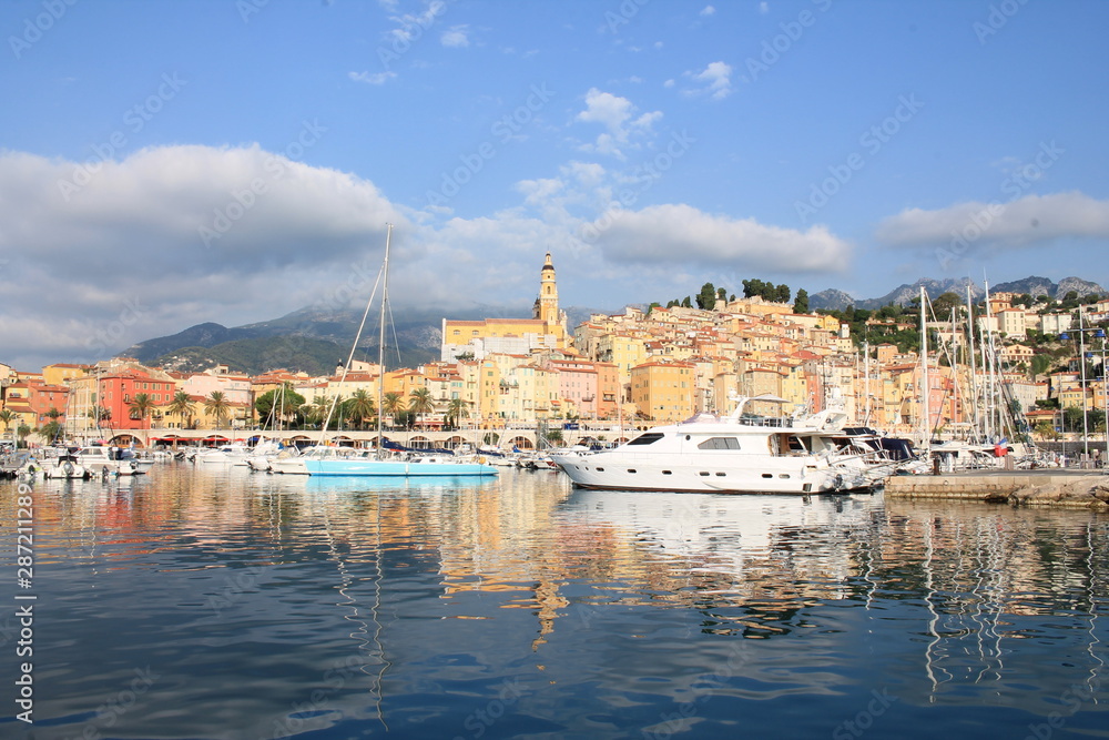 Marina and The old town of menton with its beautiful colorful facades, France