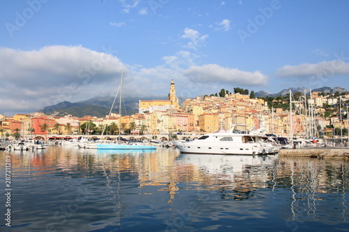 Marina and The old town of menton with its beautiful colorful facades, France