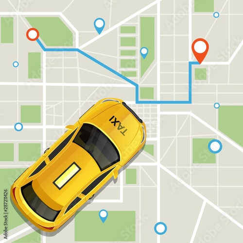 Convenient taxi service online application vector illustration. Top view of modern city map with geolocation pins and yellow taxicab driving on paved by special app blue route flat style concept