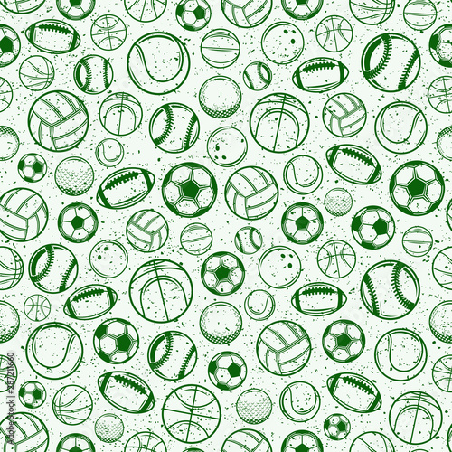 Vector monochrome green sport balls seamless pattern or background