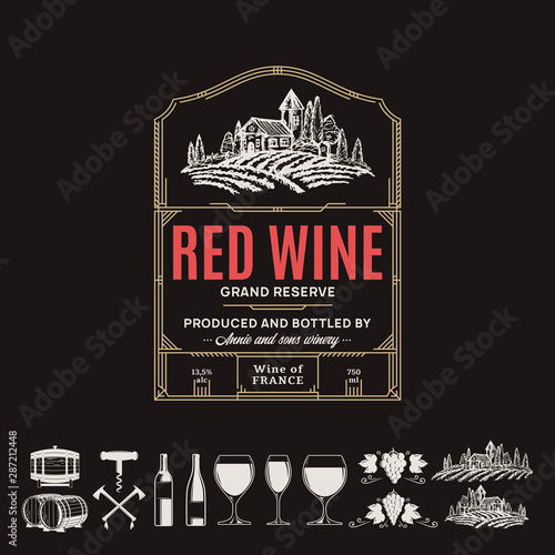 Vector vintage thin line style red wine label