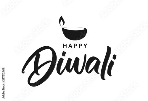 Handwritten brush lettering type composition of Happy Diwali with lamp.