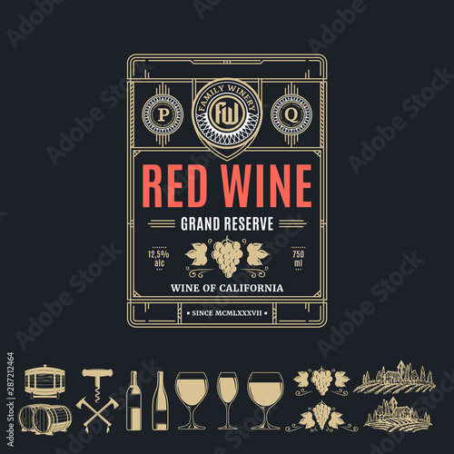 Vector vintage thin line style red wine label