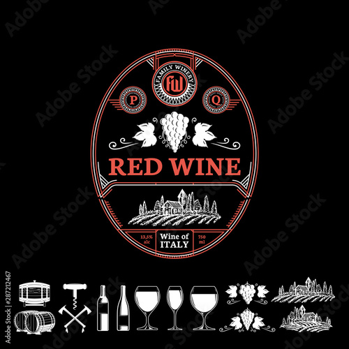 Vector vintage thin line style red wine label