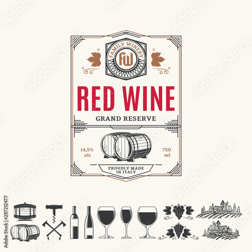 Vector vintage thin line style red wine label
