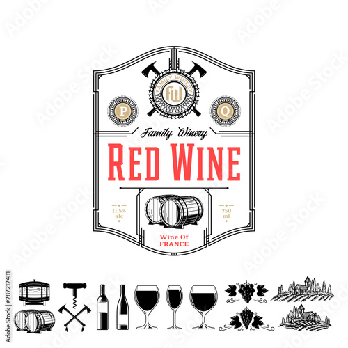Vector vintage thin line style red wine label