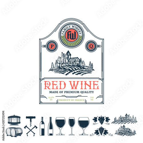 Vector vintage thin line style red wine label