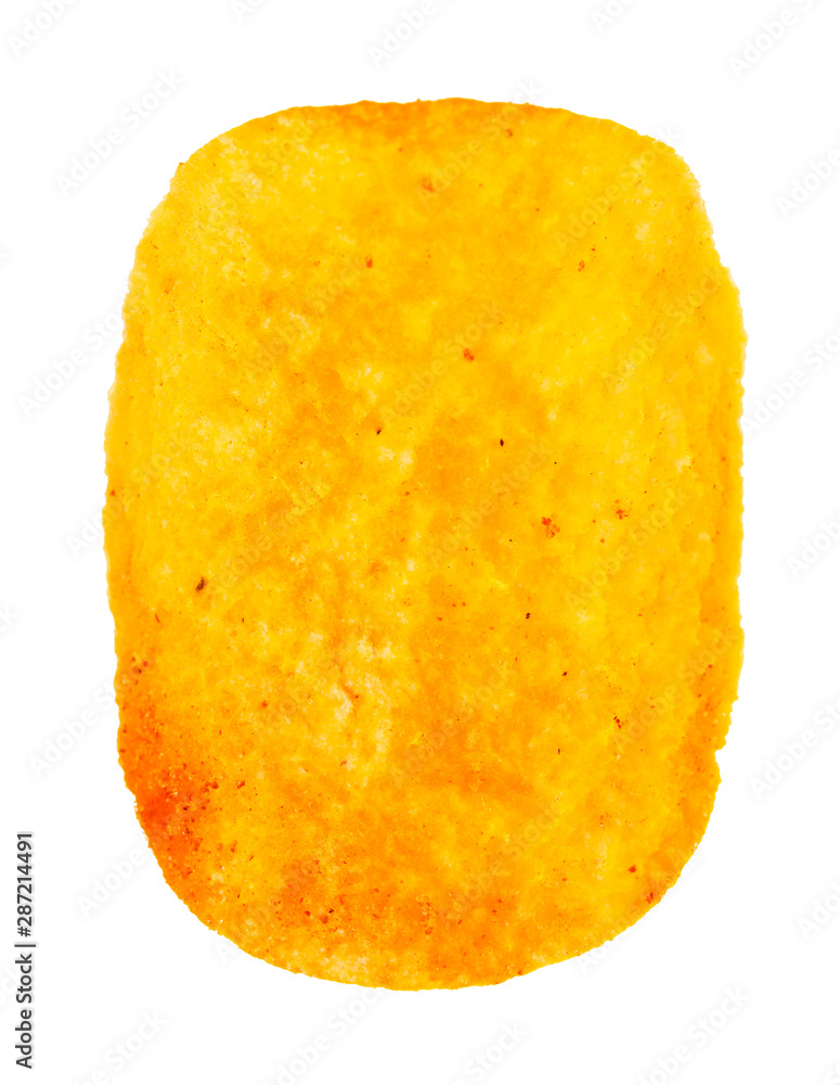 single potato chip with paprika isolated on white single potato chip with paprika isolated on white