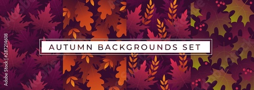 Autumn backgrounds set with multicolored leaves vector illustration. Collection consists of fall foliage flat design for shopping sale or promo poster and frame leaflet or web banner and social media