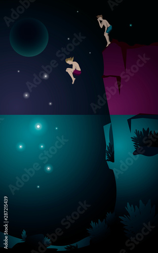 Young men jumping into the sea from a rock in the form of a giant head. There are moon and stars in the night sky.