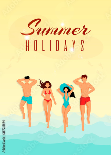 Poster design for Summer holidays, vacation. Young people sunbathing on the beach. Great for postcard, poster, banner, cover, flyer, brochure.