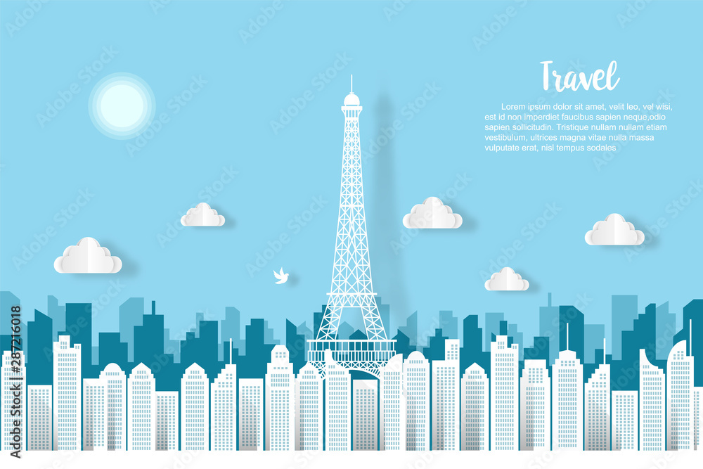 Travel French architecture of Paris landmark in France cityscape, origami style paper for travel postcards, Vector illustration.
