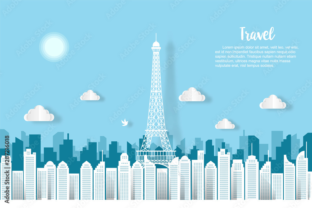 Fototapeta premium Travel French architecture of Paris landmark in France cityscape, origami style paper for travel postcards, Vector illustration.