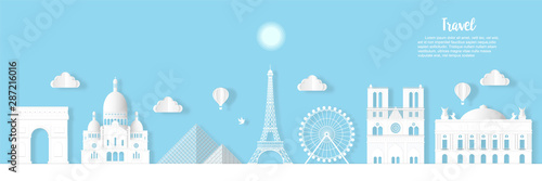 Travel French architecture of Paris landmark in France cityscape with panoramic views , origami style paper for travel postcards, Vector illustration.