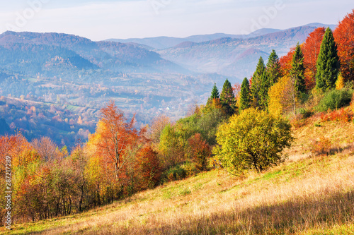 mountainous autumn countryside in the mourning. magical hazy weather with clouds on the blue sky above the ridge in the distance. trees in colorful foliage on the edge of a hill