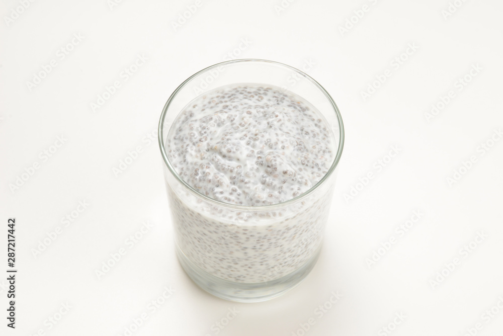 Chia pudding in glass on a white background. Space for text or design. Chia pudding in glass on a white background. Space for text or design.