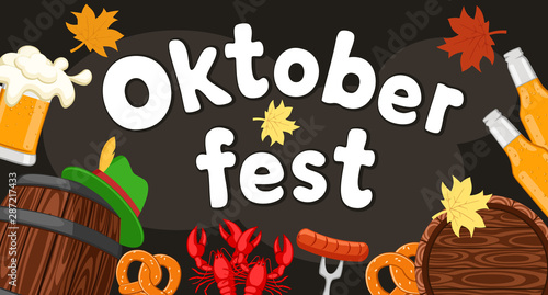 Oktoberfest background, beer in a barrel and a glass with pretzels and lobsters on a black.