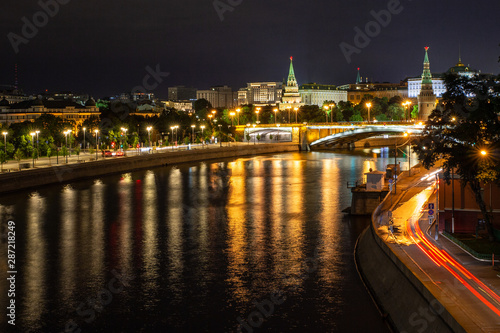 Night view to the Moscow river  Kremlin  Vodovoznaya and Borovitskaya towers from the Patriarshiy bridge
