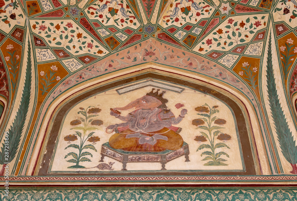 colorful mural painting at the entrance of Amber Fort, Jaipur, Rajasthan, India