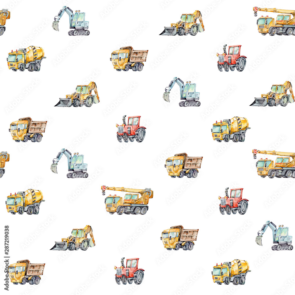 Watercolor seamless pattern with colorful little toy cars. Trucks and Cars Watercolor Background for Kids. Red tractor, Excavator, Digger machine, Building machines, Concrete Mixer.