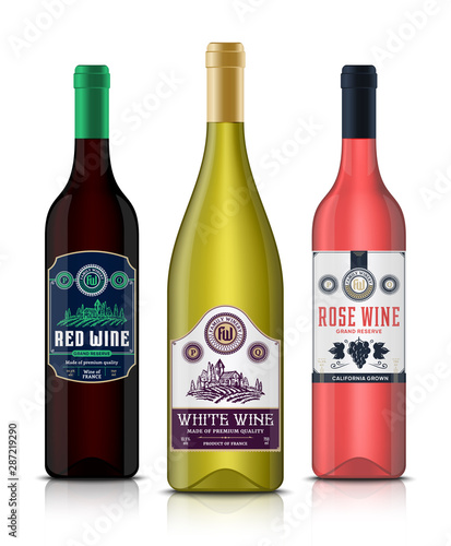 Vector vintage red, white and rose wine labels and wine bottle mockups