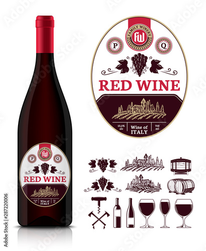 Vector vintage red wine label and wine bottle mockup. Winemaking business branding and identity icons and design elements