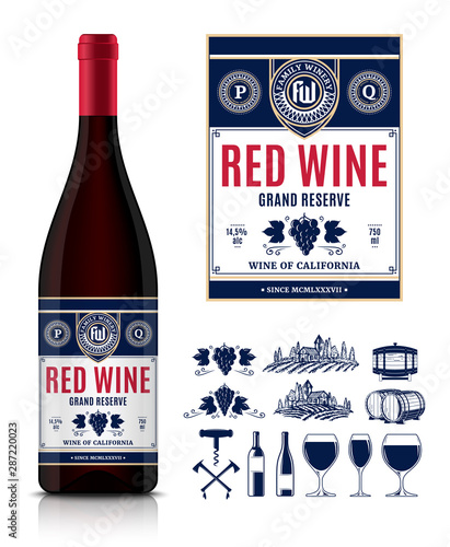 Vector vintage red wine label and wine bottle mockup. Winemaking business branding and identity icons and design elements