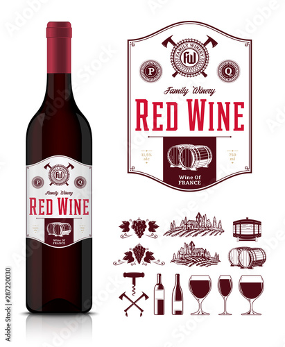 Vector vintage red wine label and wine bottle mockup. Winemaking business branding and identity icons and design elements