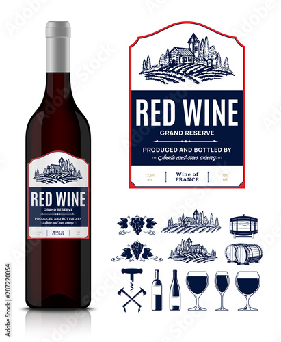 Vector vintage red wine label and wine bottle mockup. Winemaking business branding and identity icons and design elements