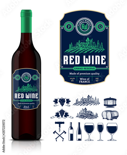 Vector vintage red wine label and wine bottle mockup. Winemaking business branding and identity icons and design elements