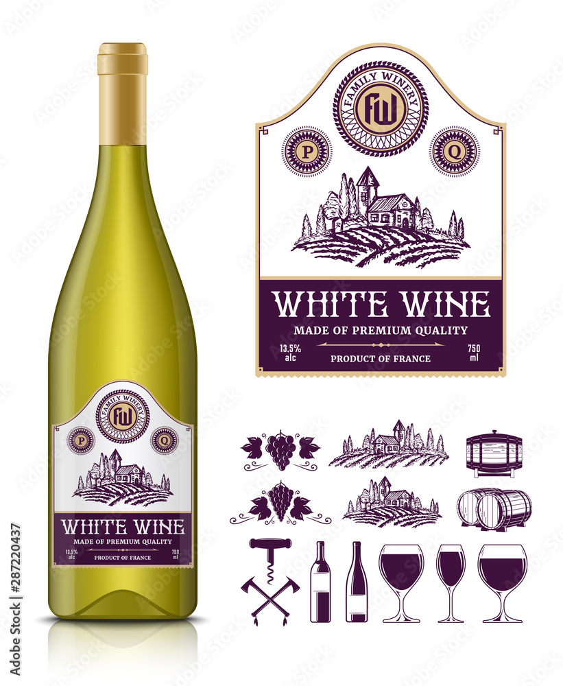 Vector vintage white wine label and wine bottle mockup. Winemaking business branding and identity icons and design elements