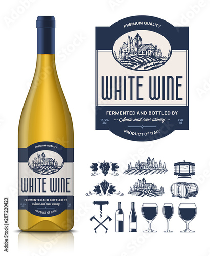 Vector vintage white wine label and wine bottle mockup. Winemaking business branding and identity icons and design elements