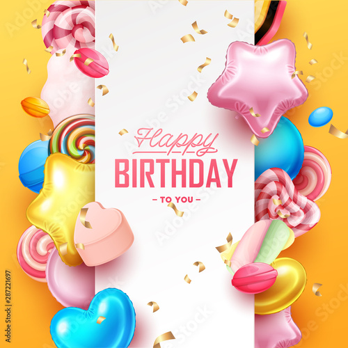 Happy Birthday background with colorful balloons and sweets.  Vector illustration