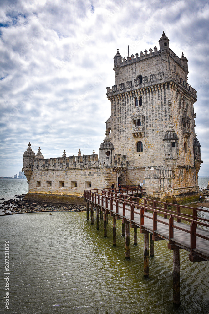 Lisbon, Portugal - July 26, 2019: Belem Tower, a medievel fortress overlooking the Tagus river estuary