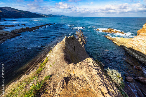 Landscape near Zumaia with flysch rock formations, one of the most the most beautiful routes in Basque Country, Sapain