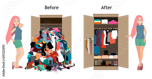 Before untidy and after tidy wardrobe with a girl. A lot of cheap, unfashionable, old messy clothes thrown out of closet and nicely arranged clothes in piles and boxes after the organization