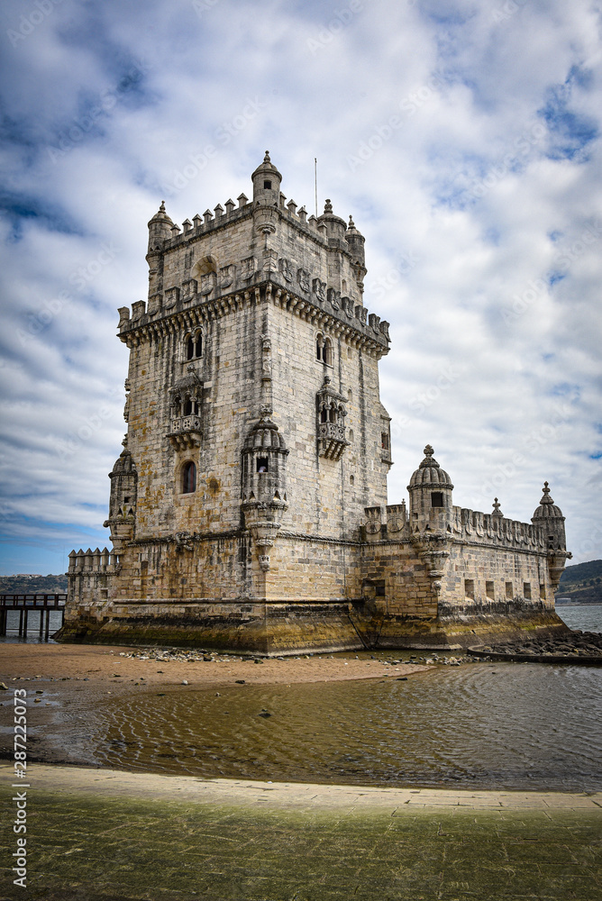 Lisbon, Portugal - July 26, 2019: Belem Tower, a medievel fortress overlooking the Tagus river estuary