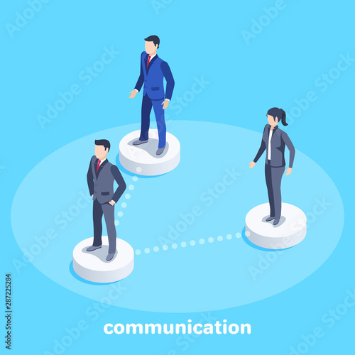 isometric vector image on a blue background, men in business suits connected, business contacts and communications